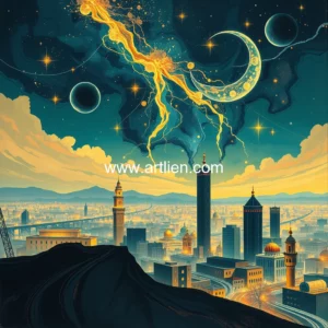 Artistic representation for Noor Riyadh : A Celestial Journey Through Riyadh Urban Canvas