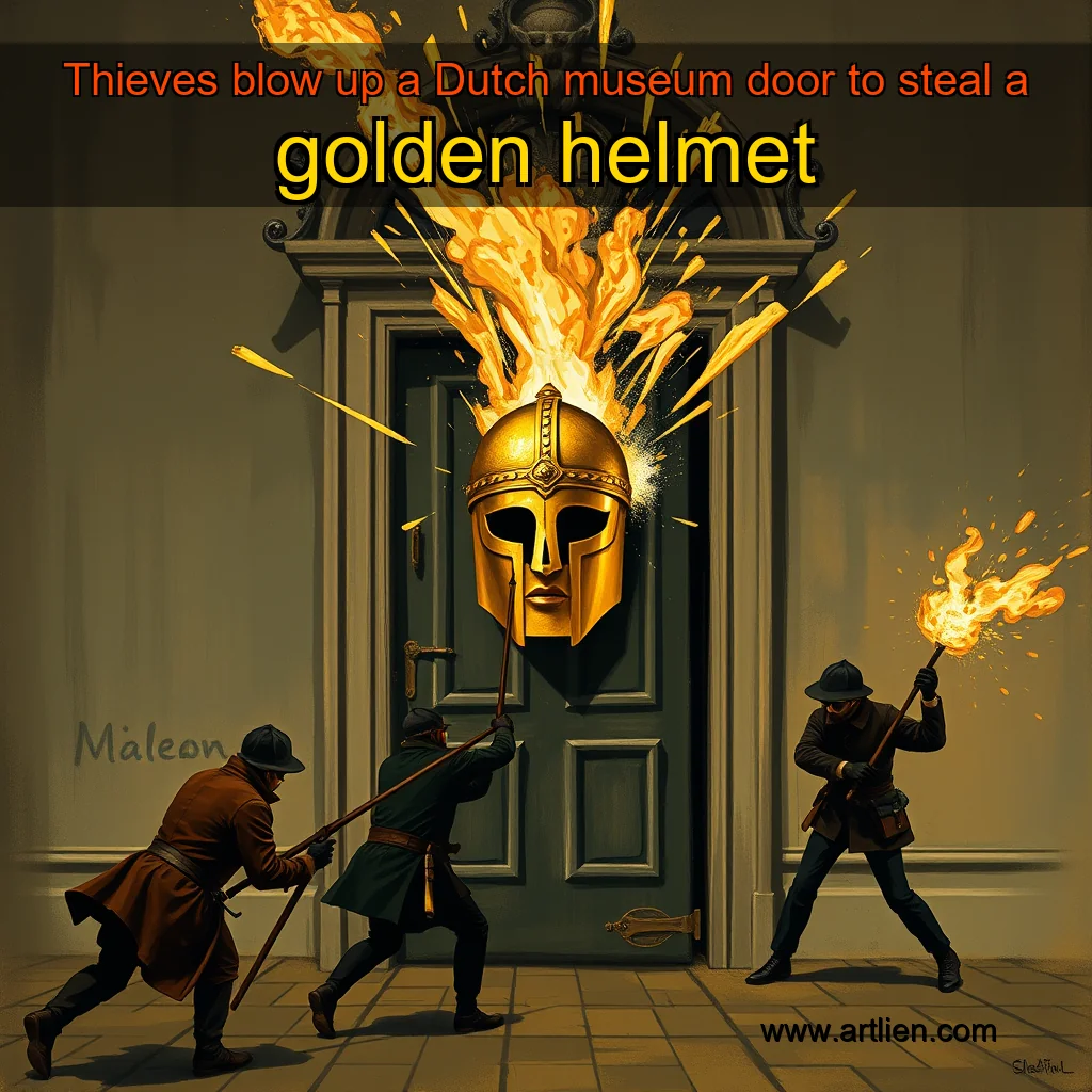 Artistic representation for Thieves blow up a Dutch museum door to steal a golden helmet