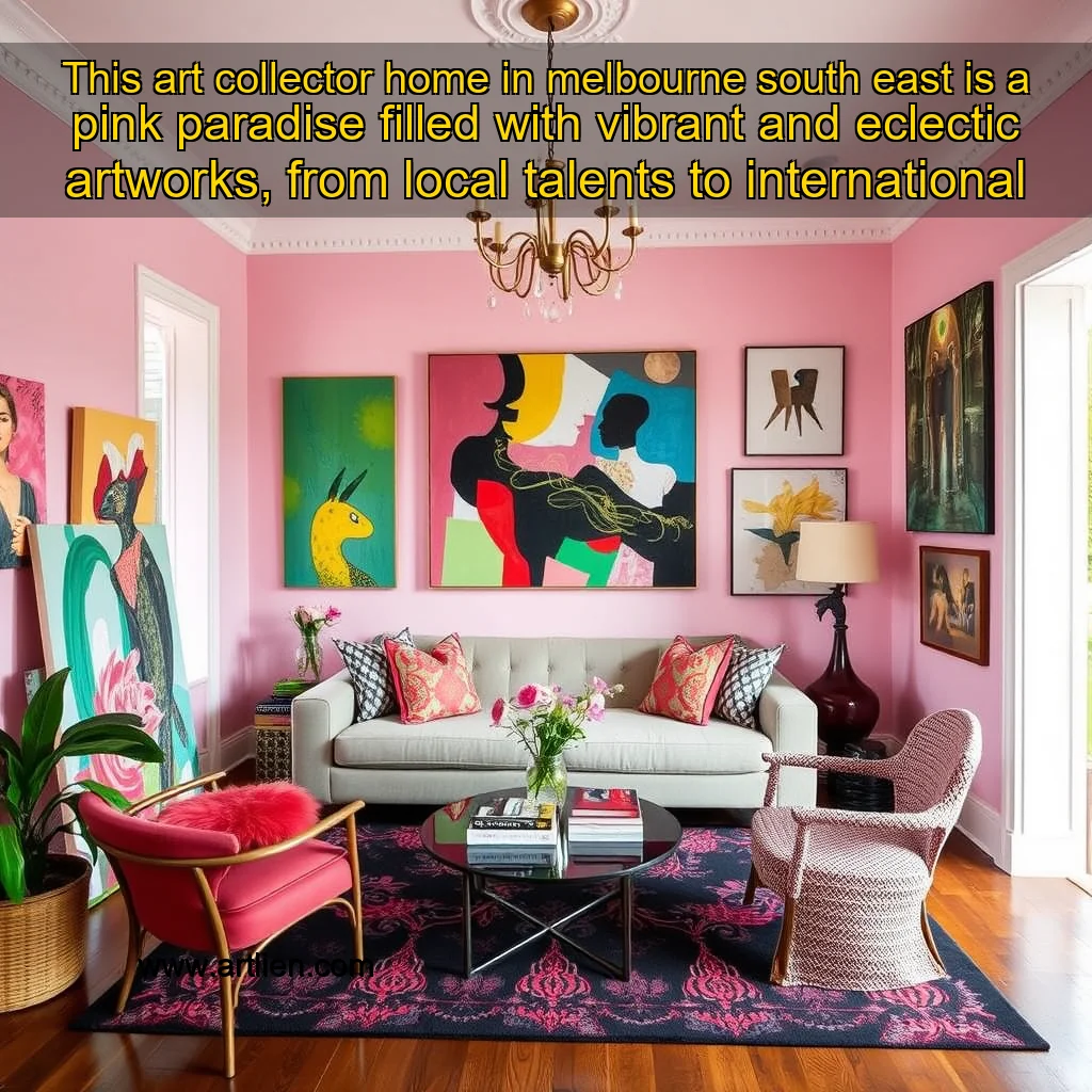 Artistic representation for This art collector home in melbourne south east is a pink paradise filled with vibrant and eclectic artworks, from local talents to international masterpieces. explore a curated selection of paintings, sculptures, and mixed media pieces that celebrate creativity and cultural diversity.