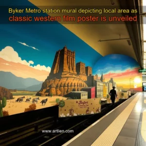 Artistic representation for Byker Metro station mural depicting local area as classic western film poster is unveiled