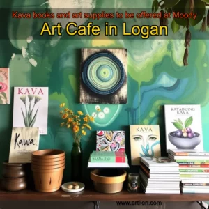 Artistic representation for Kava books and art supplies to be offered at Moody Art Cafe in Logan